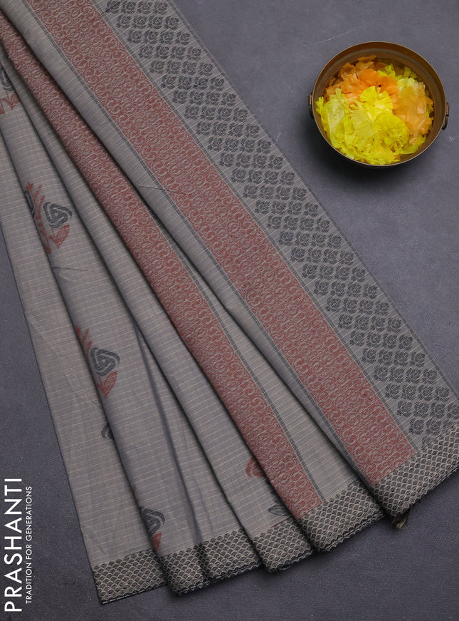 Nithyam cotton saree grey with allover checks pattern & buttas and thread woven border
