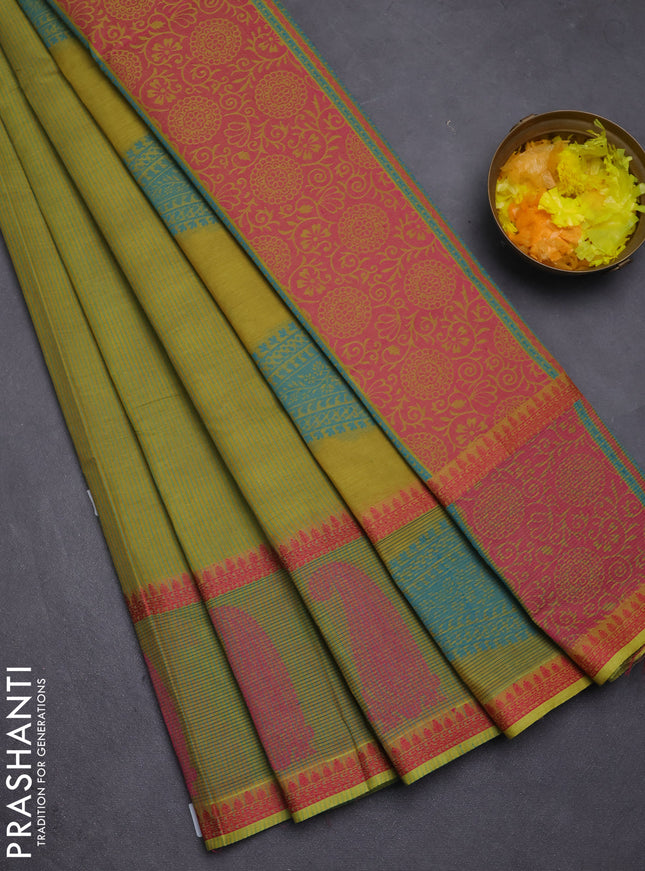 Nithyam cotton saree lime green shade with allover thread woven stripe pattern and thread woven butta border