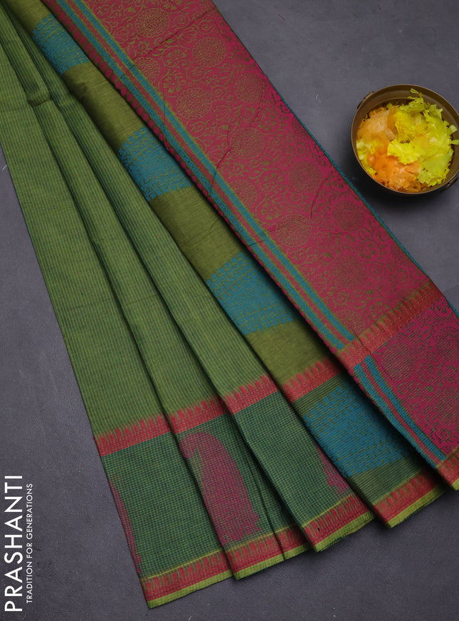 Nithyam cotton saree green  with allover thread woven stripe pattern and thread woven butta border