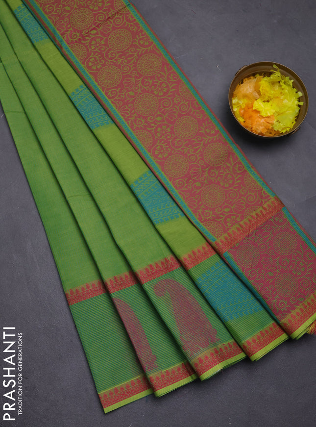 Nithyam cotton saree green shade with allover thread woven stripe pattern and thread woven butta border