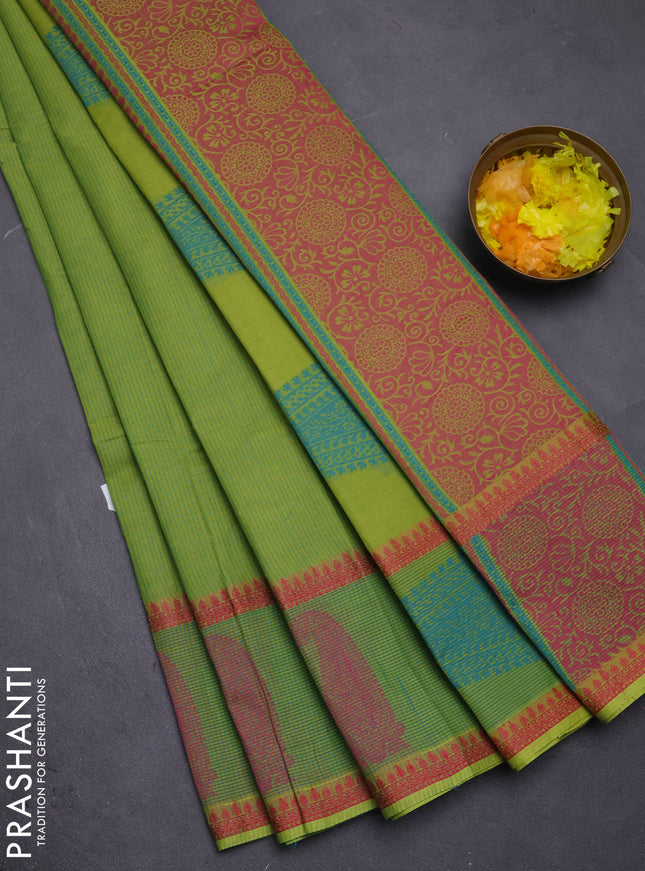Nithyam cotton saree light green with allover thread woven stripe pattern and thread woven butta border