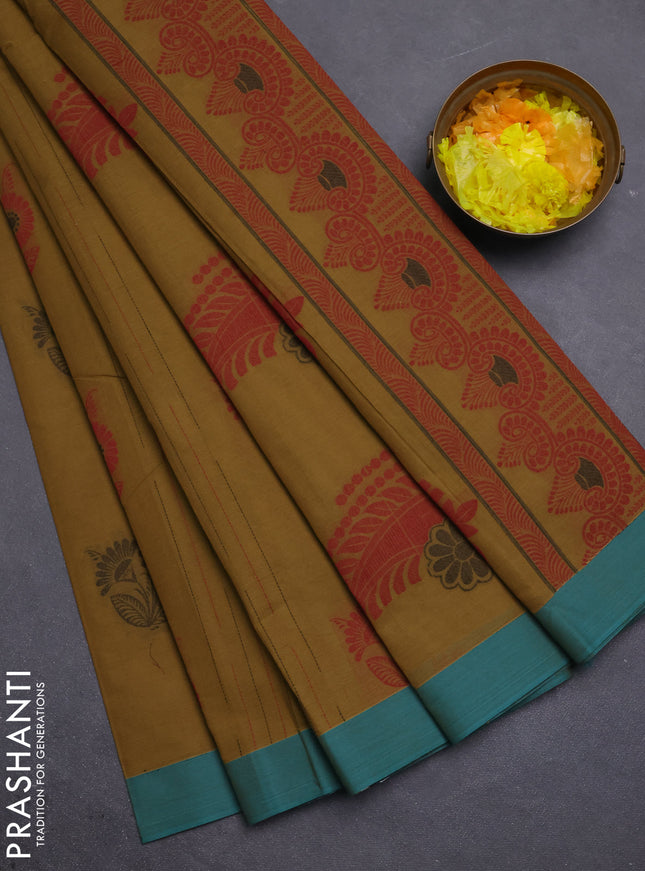 Nithyam cotton saree mehendi green and teal green with allover thread weaves & buttas and simple border