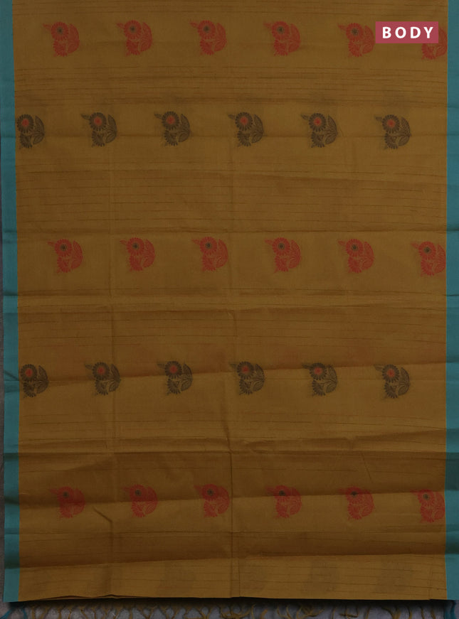 Nithyam cotton saree mehendi green and teal green with allover thread weaves & buttas and simple border