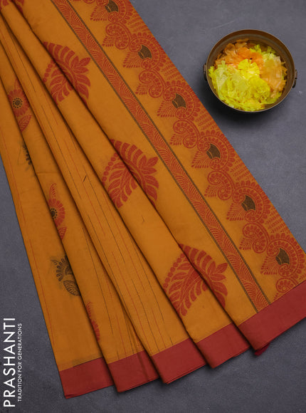 Nithyam cotton saree mustard yellow and dual shade of maroon with allover thread weaves & buttas and simple border