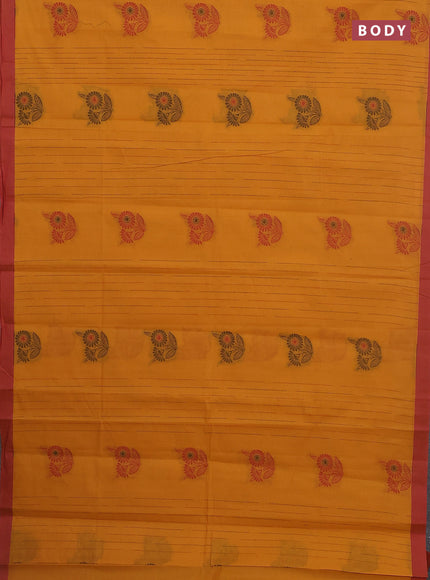 Nithyam cotton saree mustard yellow and dual shade of maroon with allover thread weaves & buttas and simple border