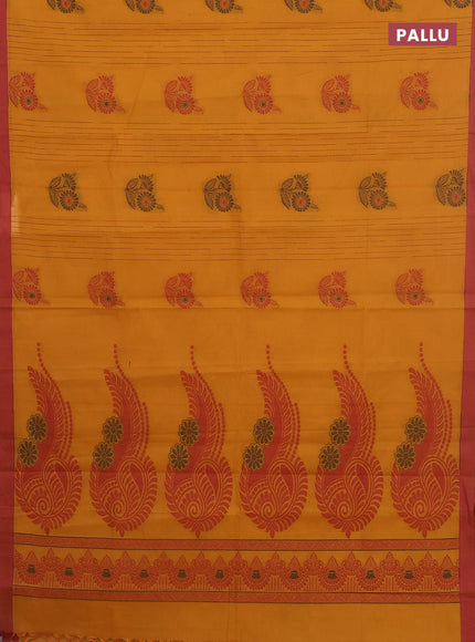 Nithyam cotton saree mustard yellow and dual shade of maroon with allover thread weaves & buttas and simple border