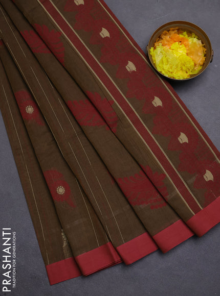 Nithyam cotton saree sap green and maroon with allover thread weaves & buttas and simple border