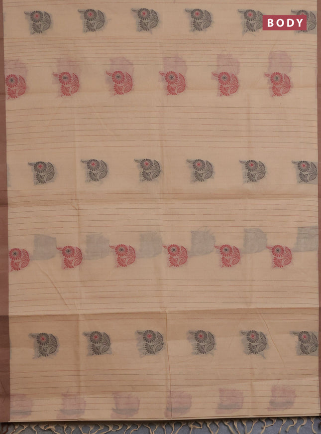 Nithyam cotton saree sandal and brown with allover thread weaves & buttas and simple border