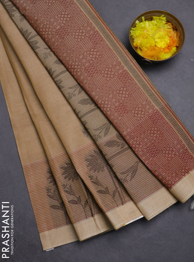 Nithyam cotton saree dark sandal with thread woven buttas and thread woven border