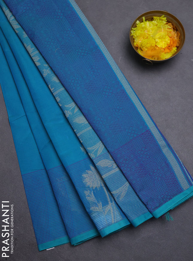 Nithyam cotton saree teal blue with thread woven buttas and thread woven border