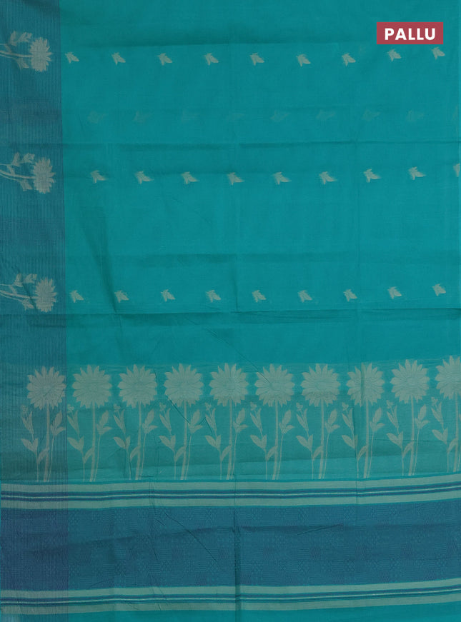 Nithyam cotton saree teal green with thread woven buttas and thread woven border