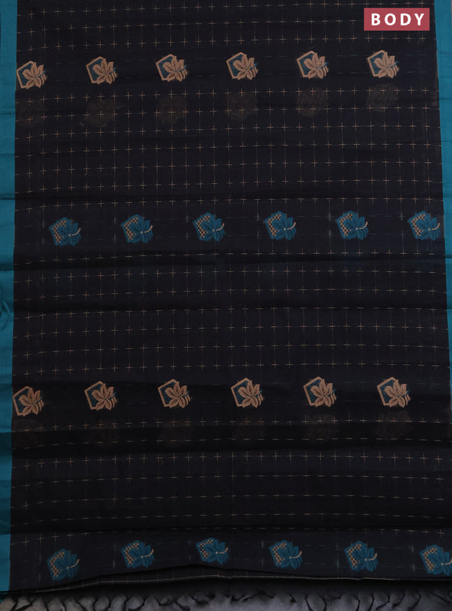 Nithyam cotton saree black and teal green with thread woven buttas and simple border