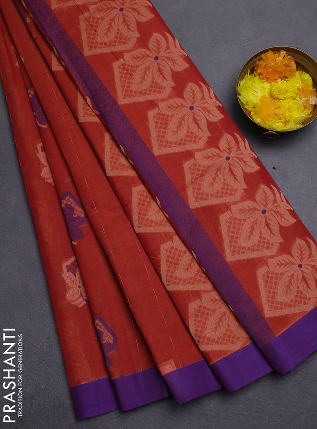 Nithyam cotton saree rust shade and violet with thread woven buttas and simple border