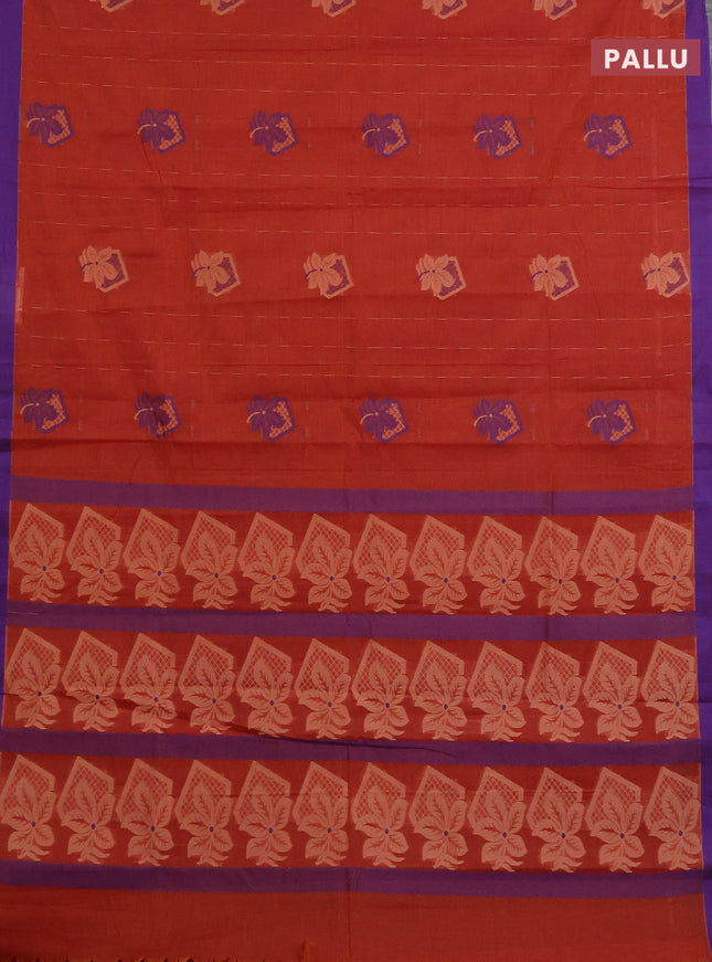 Nithyam cotton saree rust shade and violet with thread woven buttas and simple border
