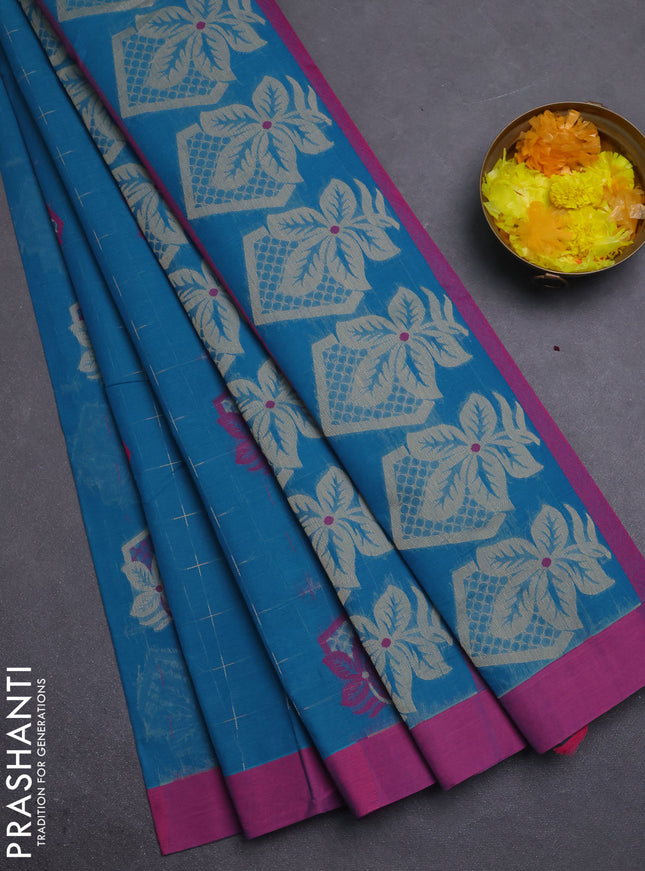 Nithyam cotton saree teal green shade and pink with thread woven buttas and simple border