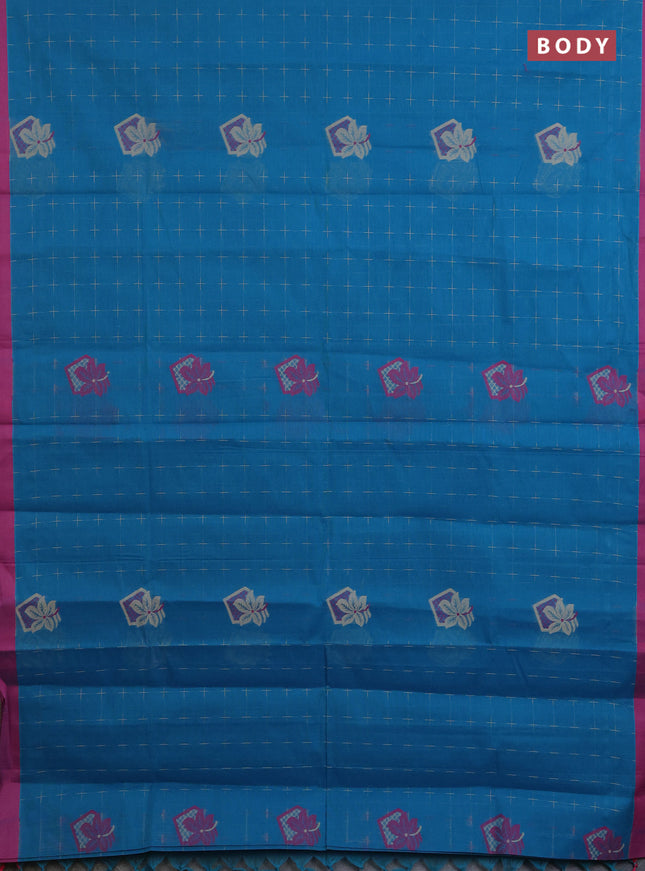 Nithyam cotton saree teal green shade and pink with thread woven buttas and simple border