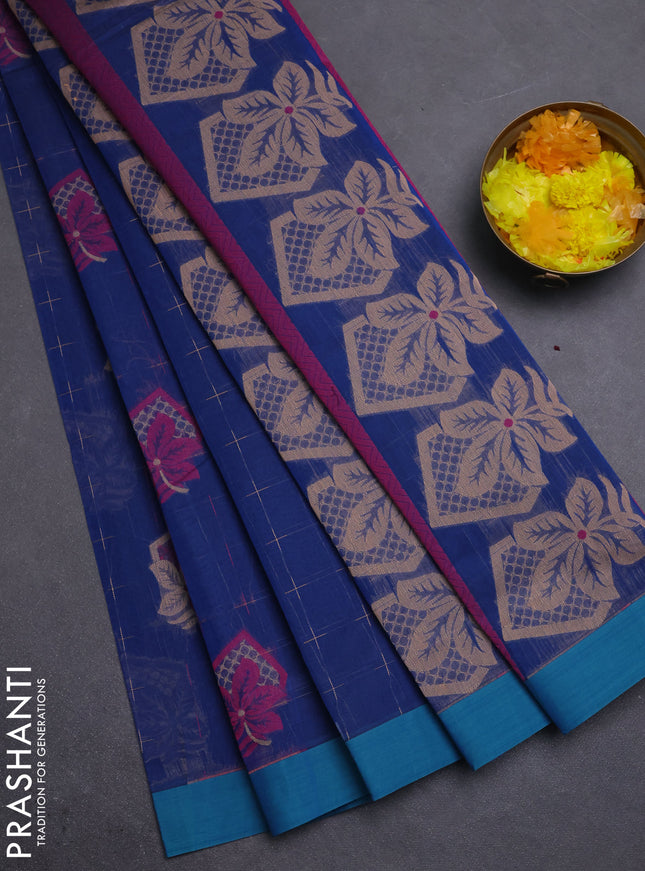 Nithyam cotton saree peacock blue and teal green with thread woven buttas and simple border