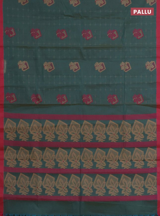 Nithyam cotton saree dual shade of green and pink with thread woven buttas and simple border