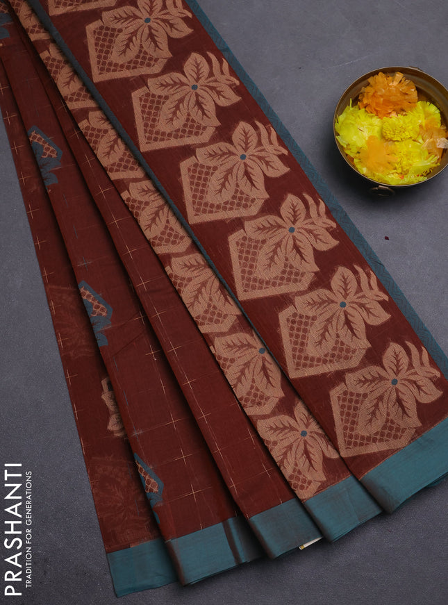 Nithyam cotton saree brown and teal green with thread woven buttas and simple border