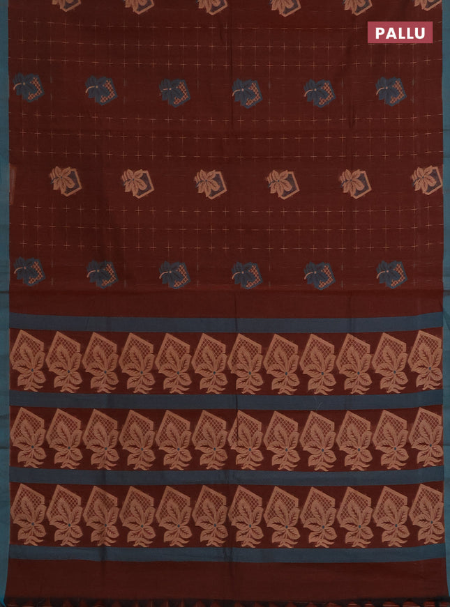 Nithyam cotton saree brown and teal green with thread woven buttas and simple border