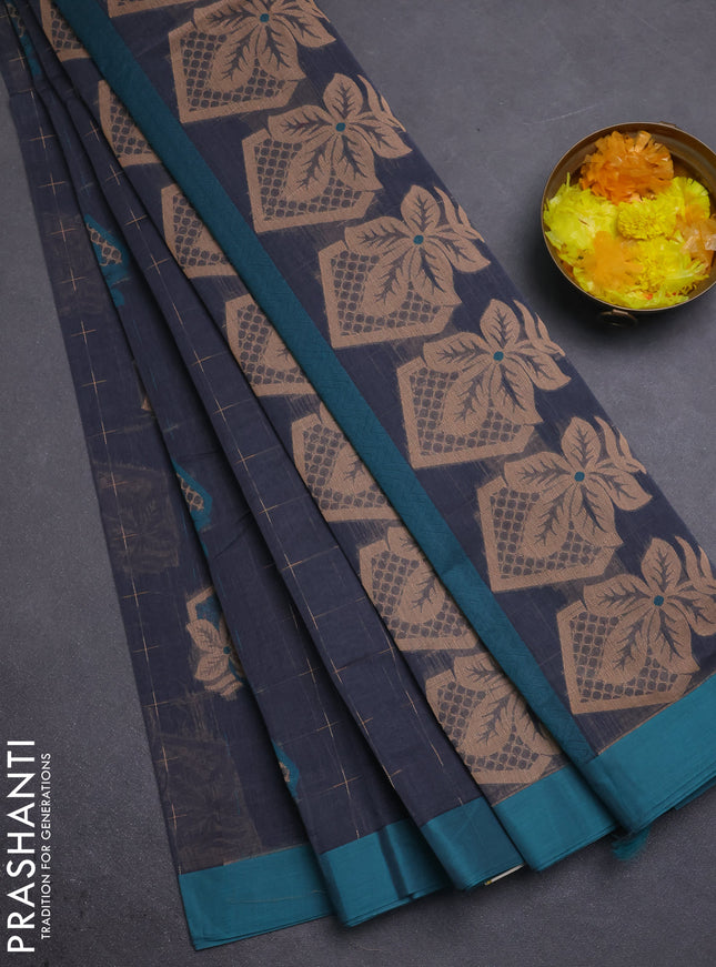 Nithyam cotton saree grey and teal green with thread woven buttas and simple border