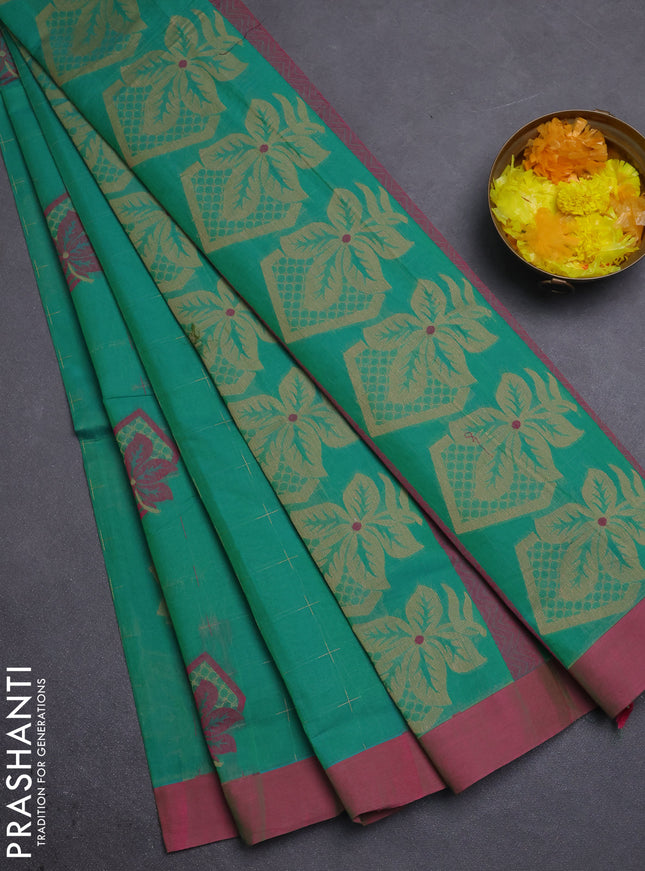 Nithyam cotton saree green and pink with thread woven buttas and simple border