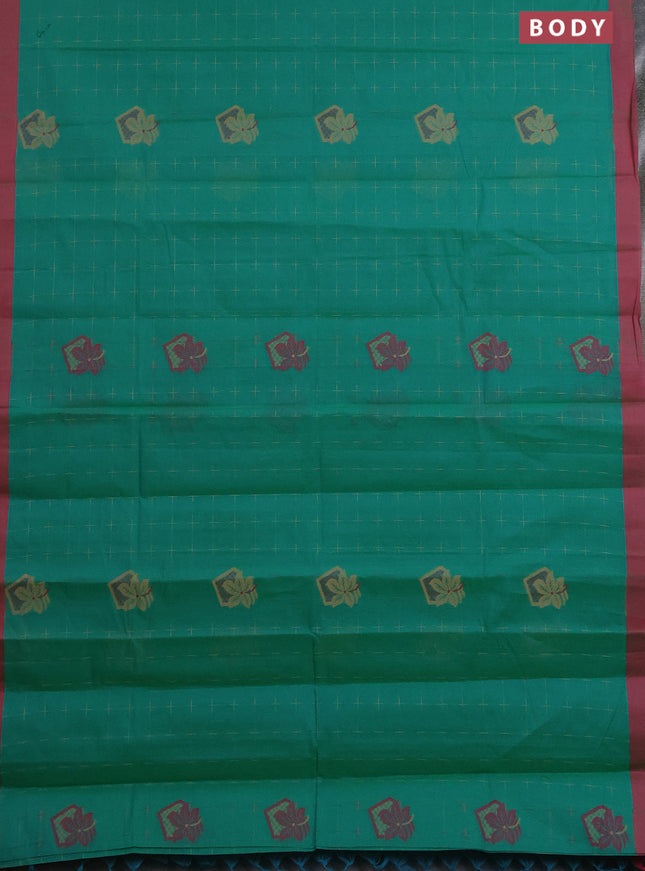 Nithyam cotton saree green and pink with thread woven buttas and simple border