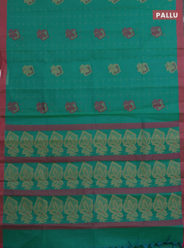Nithyam cotton saree green and pink with thread woven buttas and simple border