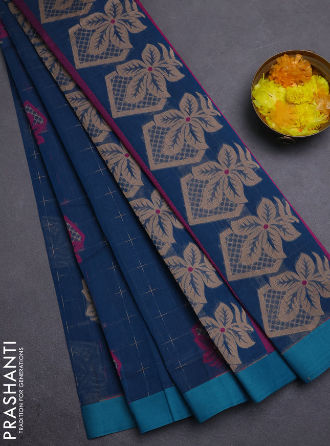 Nithyam cotton saree peacock green and teal green with thread woven buttas and simple border