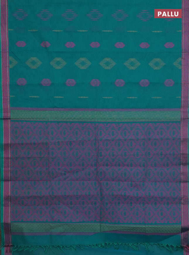 Nithyam cotton saree teal green with allover thread woven buttas and thread woven border