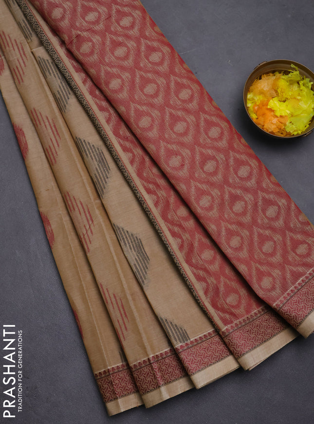 Nithyam cotton saree dark sandal with allover thread woven buttas and thread woven border