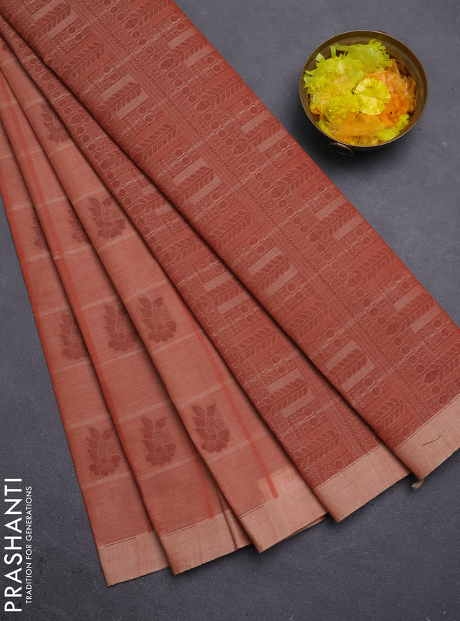 Nithyam cotton saree rust shade with thread weaves & buttas and simple border