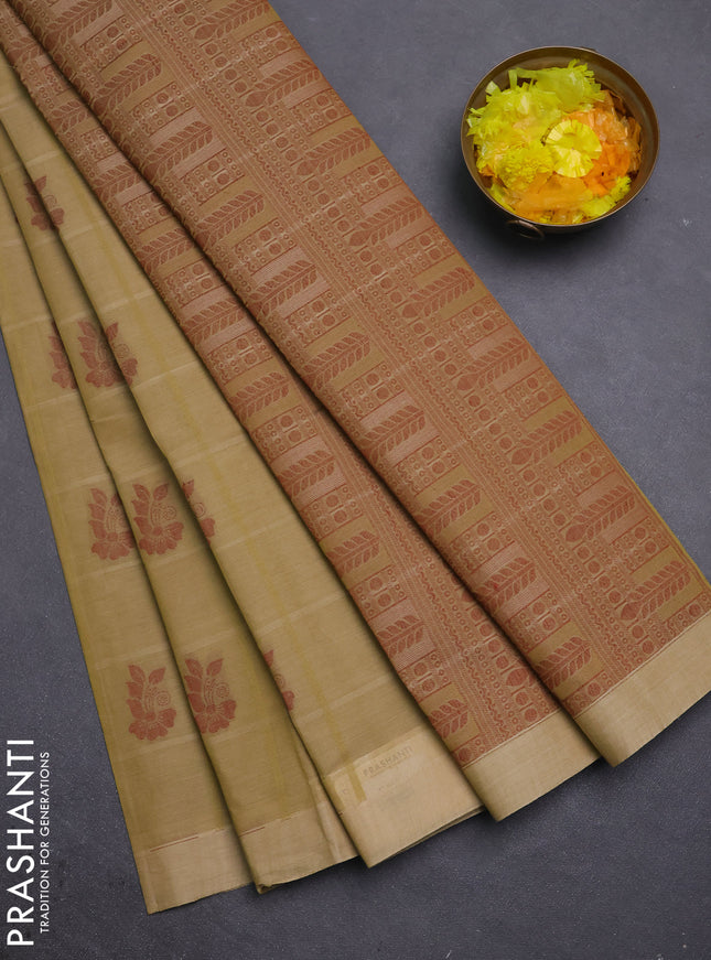 Nithyam cotton saree elaichi green with thread weaves & buttas and simple border