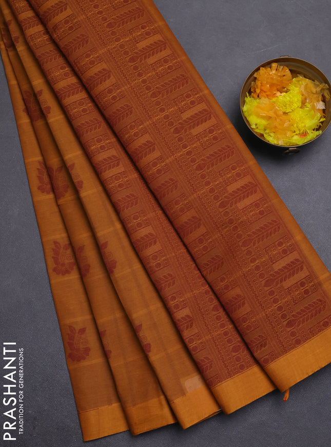 Nithyam cotton saree dark mustard with thread weaves & buttas and simple border
