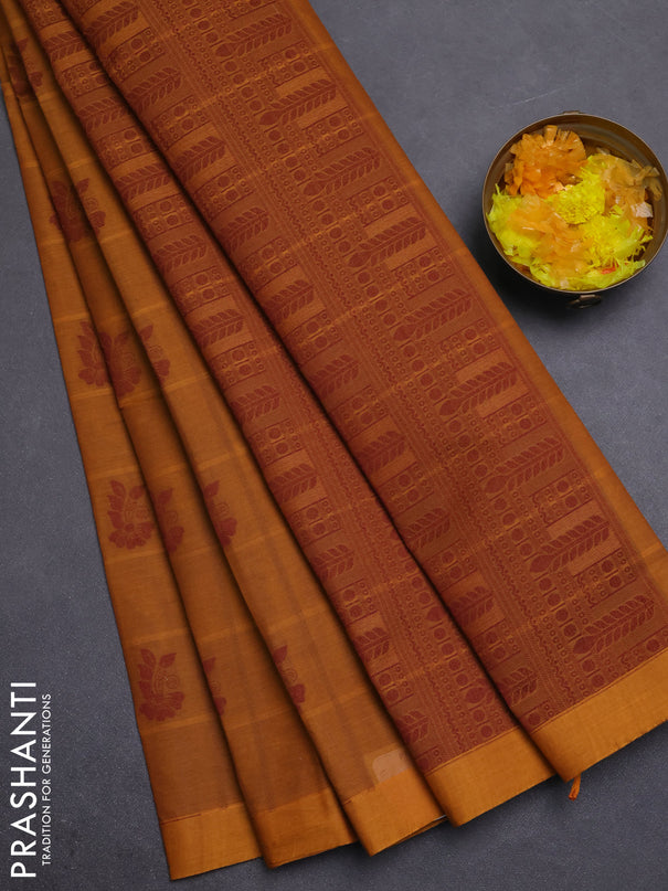 Nithyam cotton saree dark mustard with thread weaves & buttas and simple border