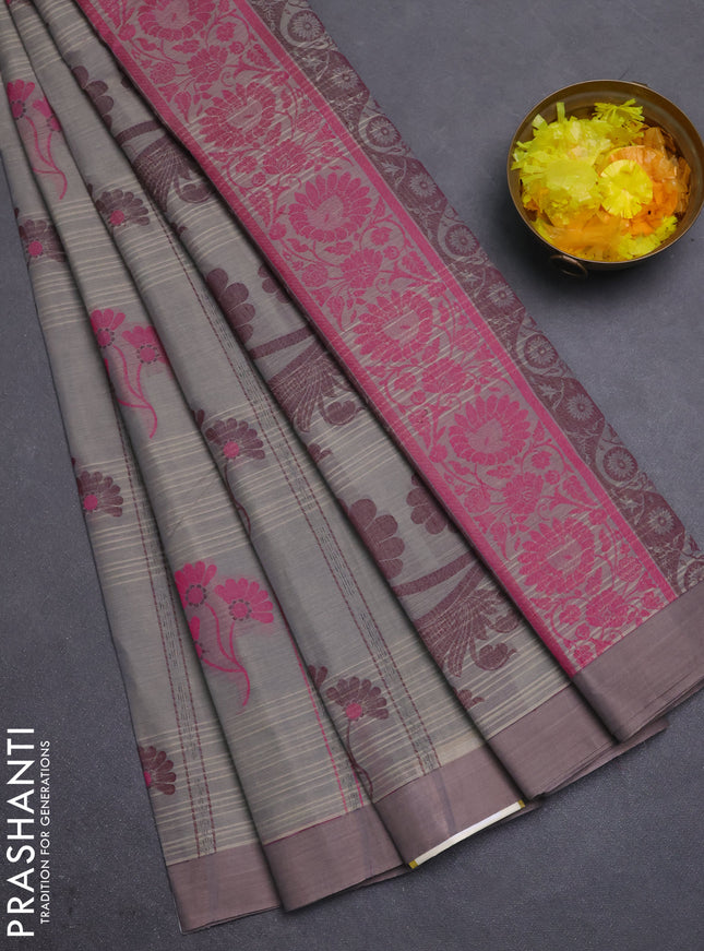 Nithyam cotton saree grey with allover thread weaves & buttas and simple border