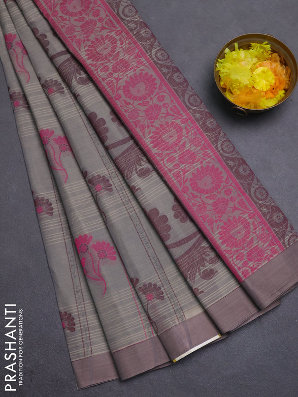Nithyam cotton saree grey with allover thread weaves & buttas and simple border
