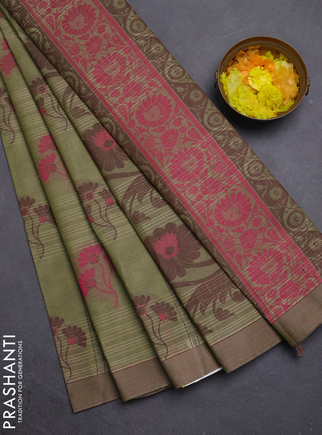 Nithyam cotton saree elaichi green with allover thread weaves & buttas and simple border