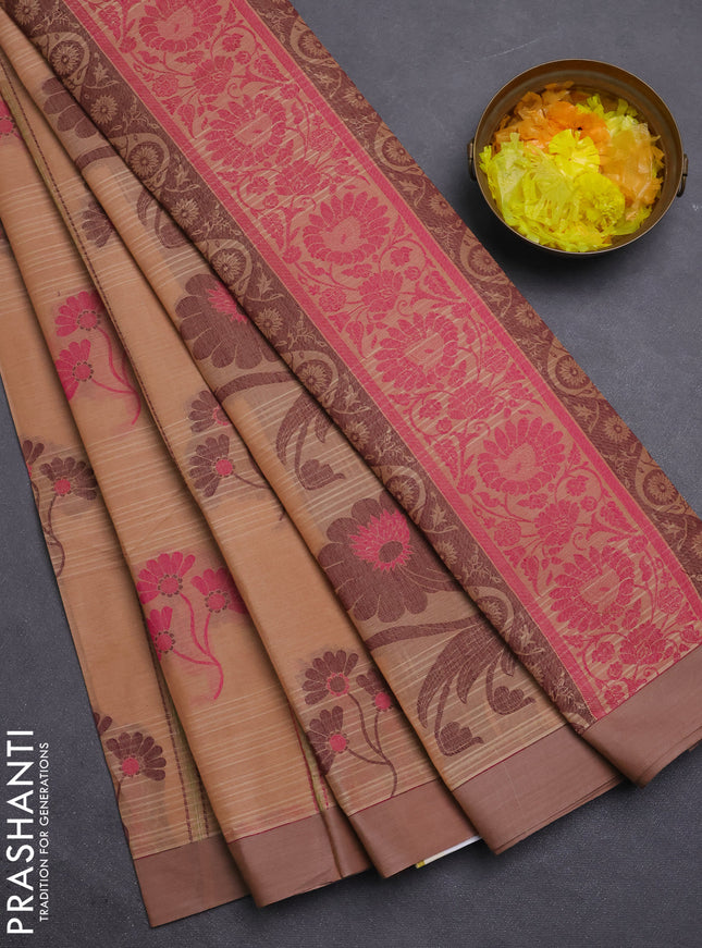 Nithyam cotton saree sandal and pastel brown with allover thread weaves & buttas and simple border