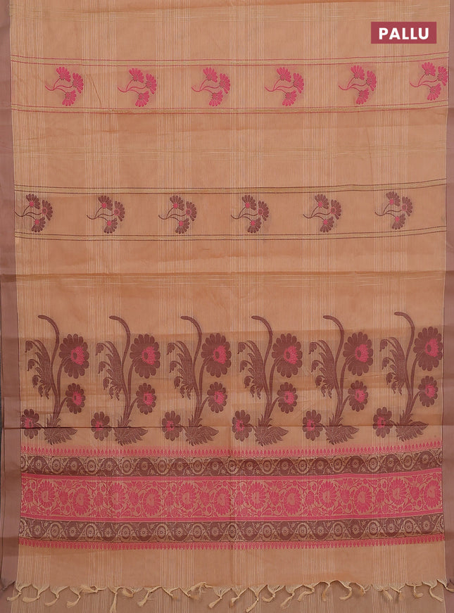 Nithyam cotton saree sandal and pastel brown with allover thread weaves & buttas and simple border