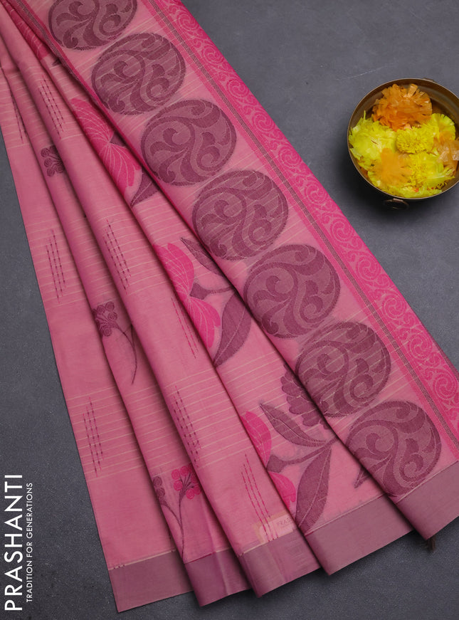 Nithyam cotton saree pink with allover thread woven buttas and simple border