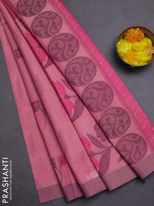 Nithyam cotton saree pink with allover thread woven buttas and simple border