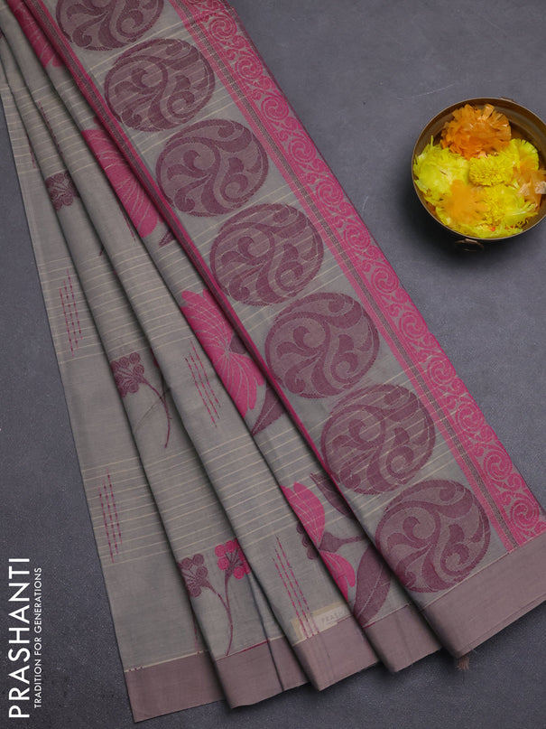 Nithyam cotton saree grey shade with allover thread woven buttas and simple border