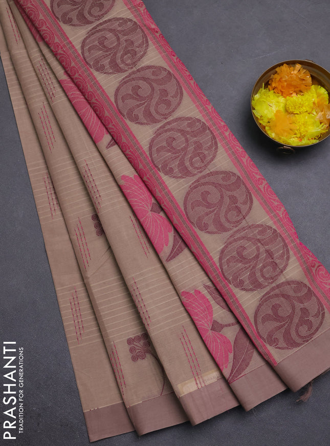 Nithyam cotton saree beige with allover thread woven buttas and simple border