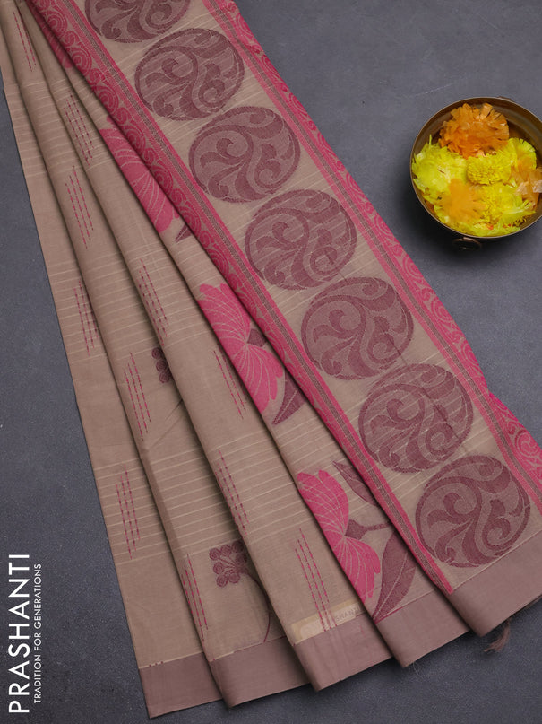 Nithyam cotton saree beige with allover thread woven buttas and simple border