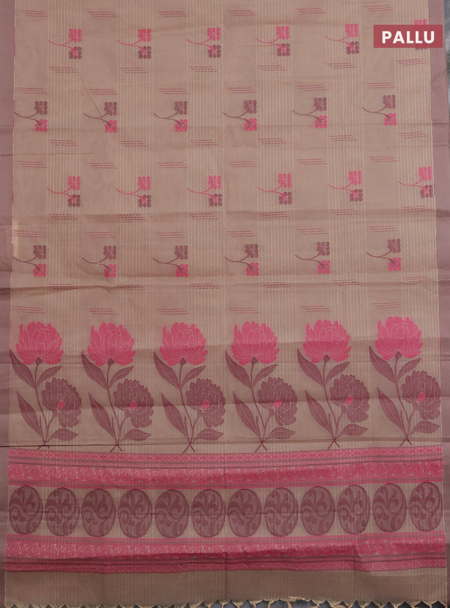 Nithyam cotton saree beige with allover thread woven buttas and simple border