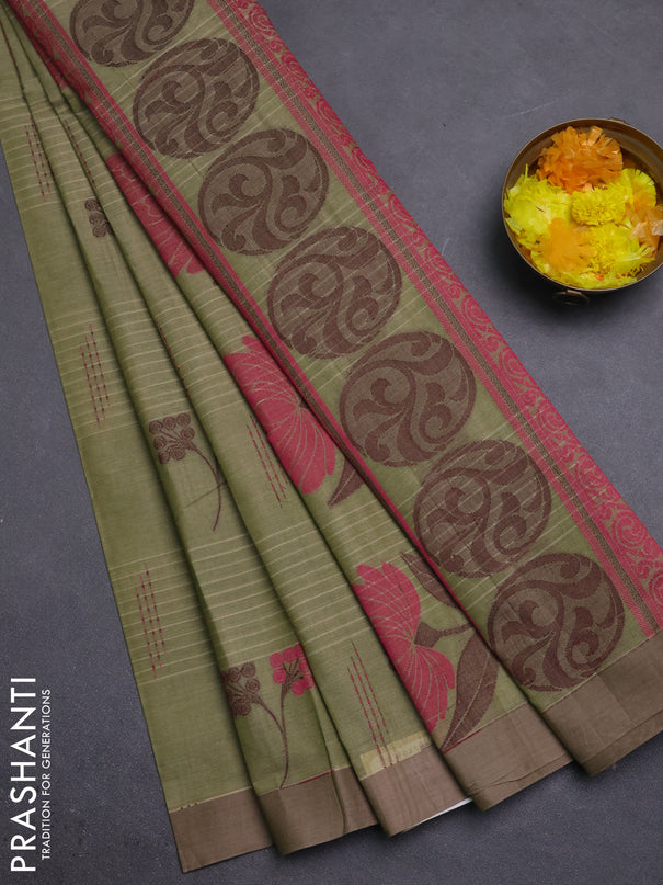 Nithyam cotton saree elaichi green with allover thread woven buttas and simple border