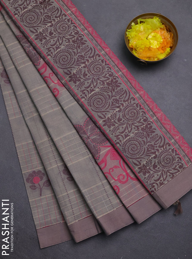 Nithyam cotton saree grey and sandal with allover thread woven stripes pattern & floral buttas and simple border
