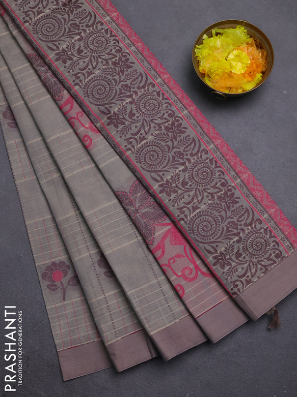 Nithyam cotton saree grey and sandal with allover thread woven stripes pattern & floral buttas and simple border