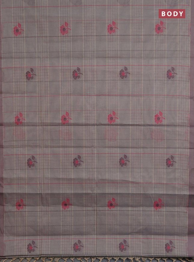 Nithyam cotton saree grey and sandal with allover thread woven stripes pattern & floral buttas and simple border